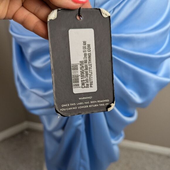 Pretty Little thing Blue Satin Draped Bardot Midi Dress 6 NWT - Picture 4 of 13